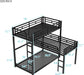 L-Shaped Triple Bunk Beds, 2 Ladders, Full Guardrails, Black