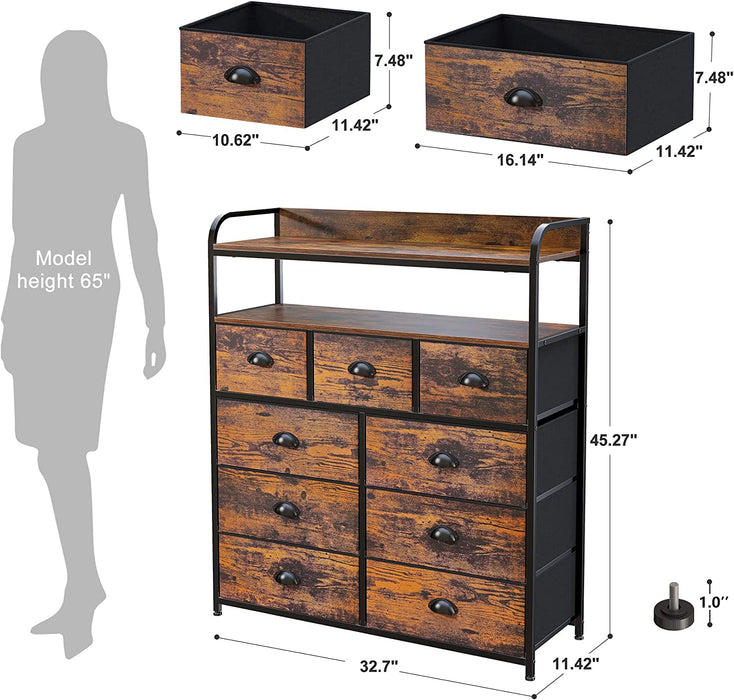 Rustic Brown 9-Drawer Fabric Tall Bedroom Chest