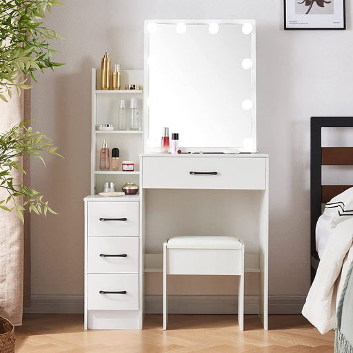 White Makeup Vanity with Lighted Mirror and Drawers