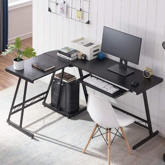 Jet Black L-Shaped Computer Desk with Stand