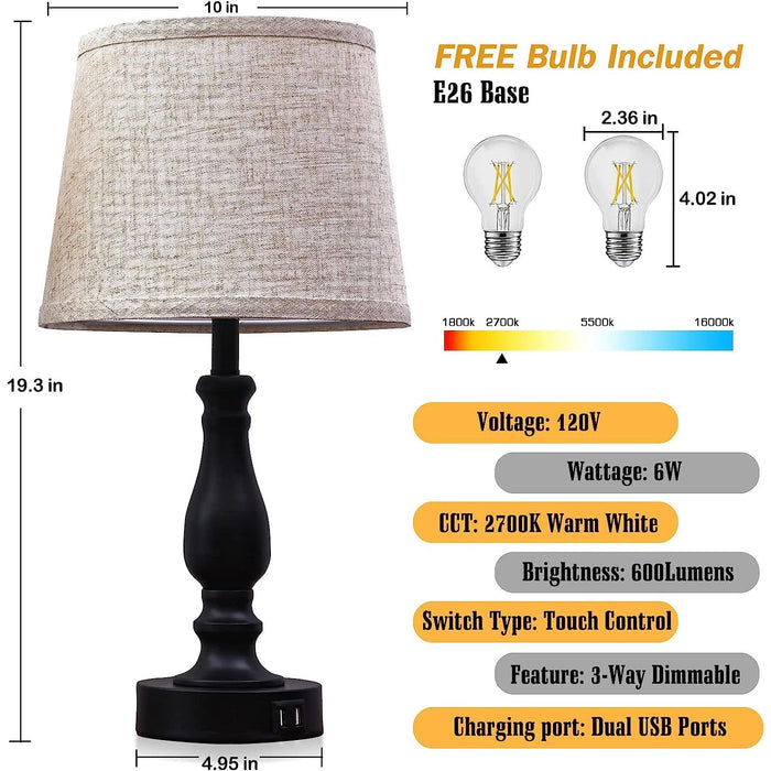 Table Lamps for Bedroom Set of 2 with USB Charging Ports