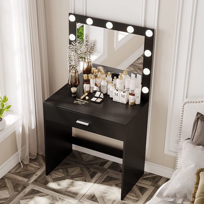 Black Vanity Table with Lighted Mirror and Drawer