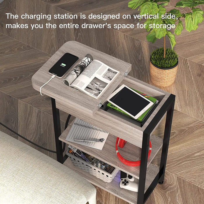 End Table with Charging Station, Flip Top Side Table for Small Spaces, Greige