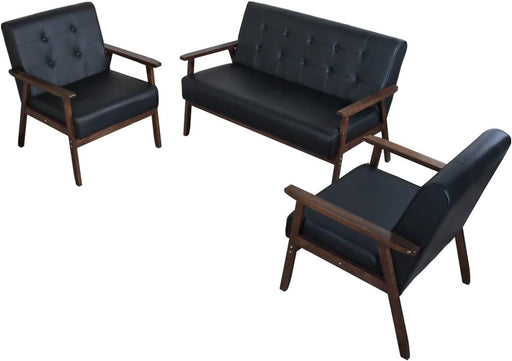 Mid Century 1 Loveseat Sofa and 2 Accent Chairs Set Modern Wood Arm Couch and Chair Living Room Furniture Sets (8428 Black Set)