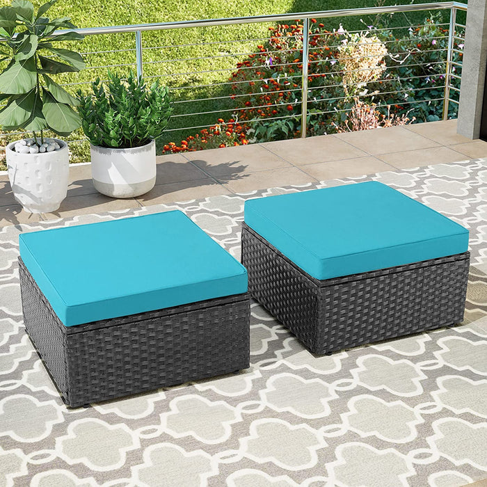 Wicker Ottoman Set of 2, All Weather Black Rattan Patio Ottoman Set, Patio Rattan Furniture, Outdoor Foot Rest Patio Foot Stool with Waterproof & Removable Cushions(Blue)