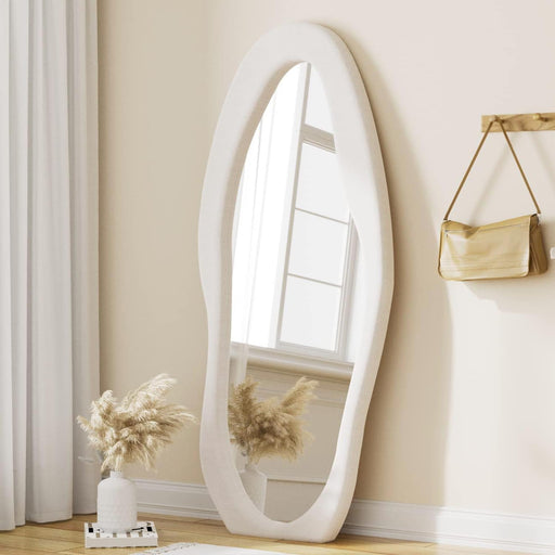 Floor Mirror, 63" X 24" Full Length Mirror with Irregular Mirror, Flannel Frame, Fashion Modern Design Wavy Wall Mirror, Large Wall Mirror-White
