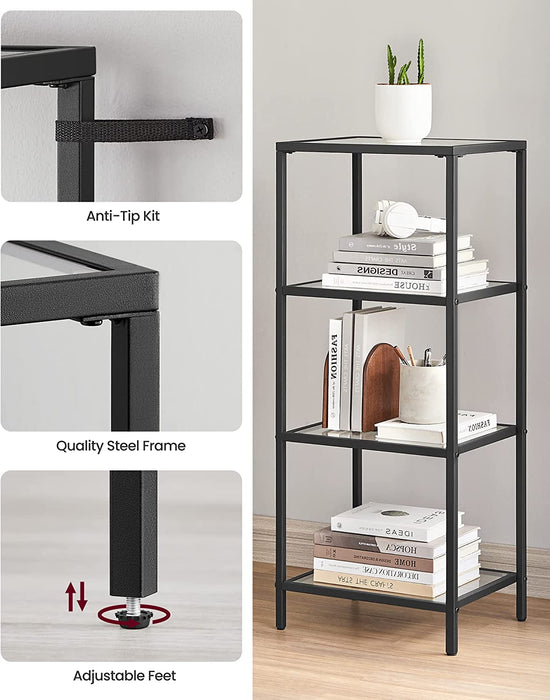 Slim 4-Tier Bookcase with Tempered Glass Shelves