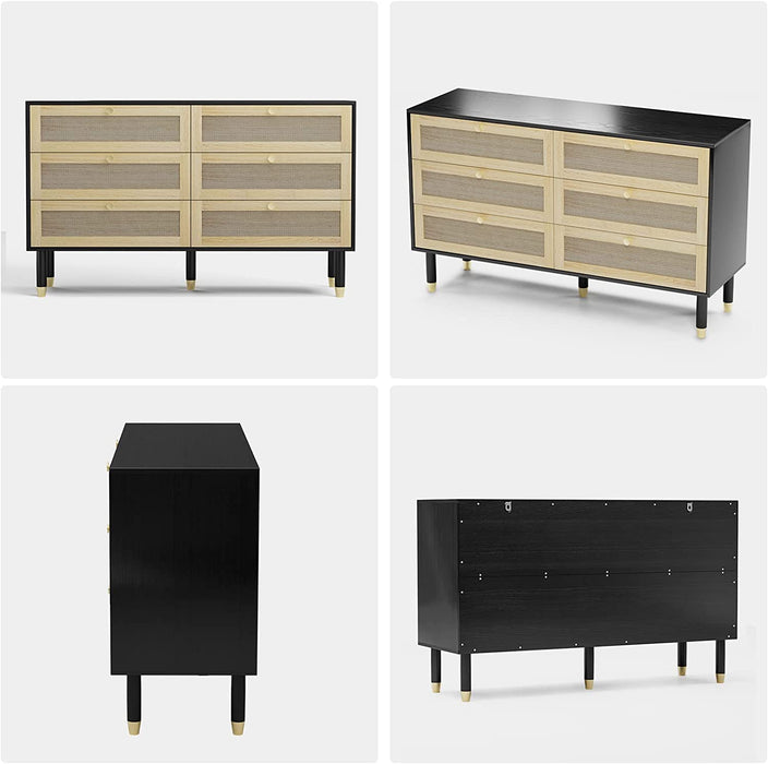 Black Rattan 6-Drawer Tall Dresser for Bedroom