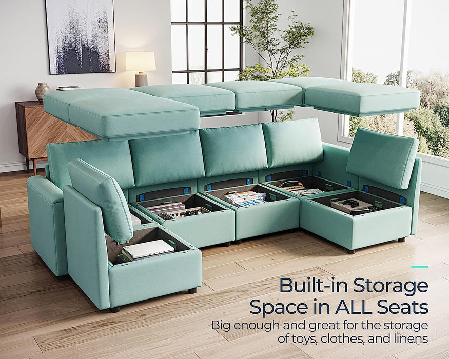 Teal U-Shaped Modular Sofa with Storage and Memory Foam
