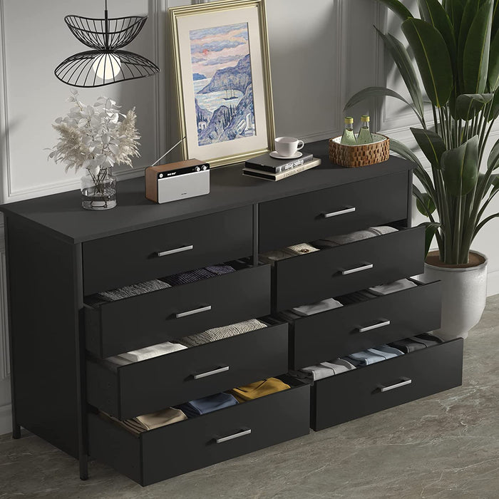 Black Wood 8-Drawer Double Dresser with Steel Frame