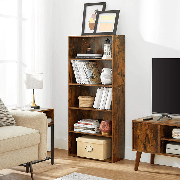 Rustic Brown 5-Tier Bookshelf with Adjustable Shelves