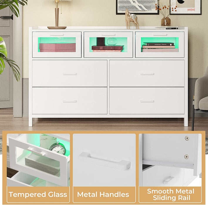 White LED Light Dresser with 7 Drawers for Bedroom