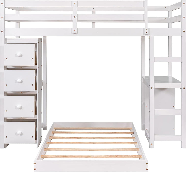 Twin Loft Bed with Desk and Storage Drawers, White