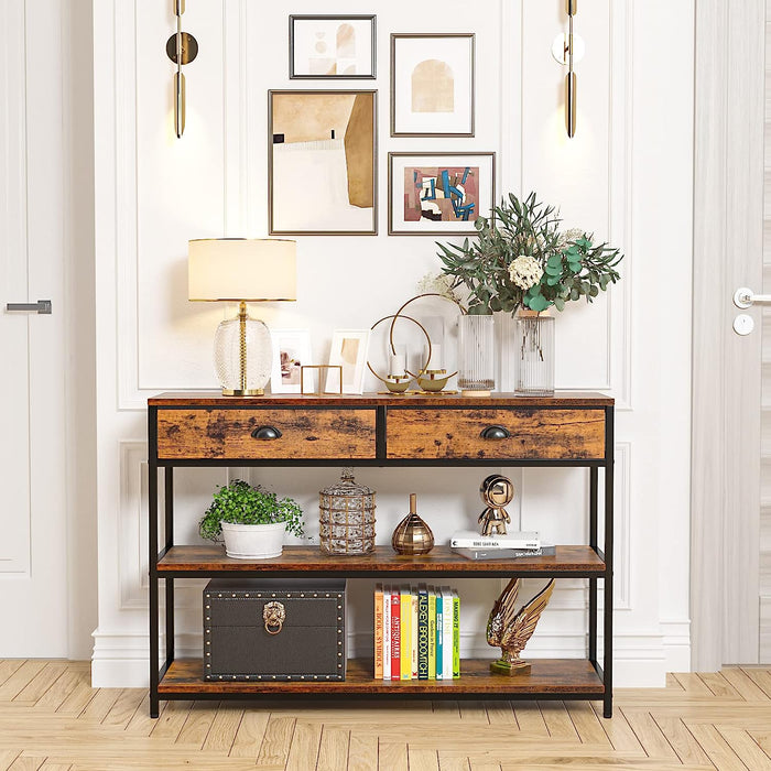 Industrial Console Table with 2 Drawers and Shelves