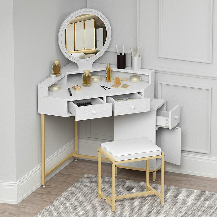 Likein Corner Makeup Vanity Desk with Mirror and Lights, Bedroom Vanity  Table with Lighted Mirror 5 Drawers and Storage Shelf for Women Girls White