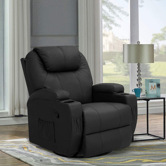 Swivel Rocker Recliner W/Massage, Heat, Remote, Cup Holders, Black