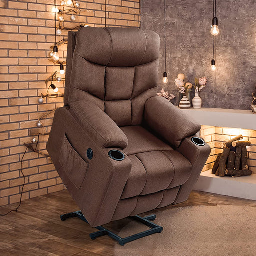 Brown Electric Power Lift Recliner with Massage and Heat