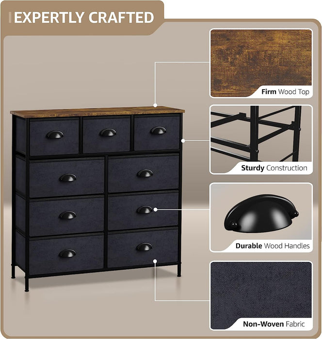 Steel & Wood 9-Drawer Dresser with Black/Wood Bins