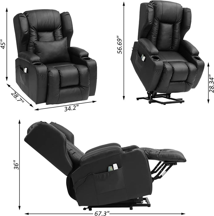 Black Soft Fabric Power Lift Recliner with Massage & Heat