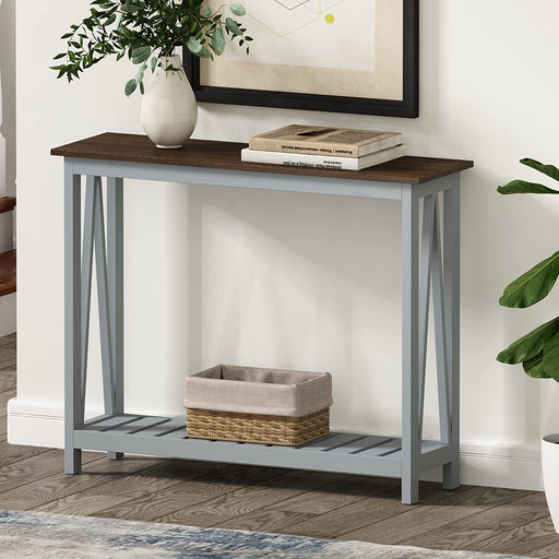 Grey Farmhouse Console Table with Shelf for Entryway