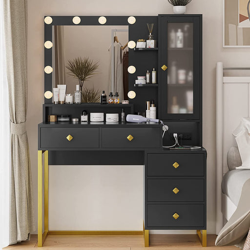 Black and Gold Vanity Desk with Mirror, Lights, and Drawers