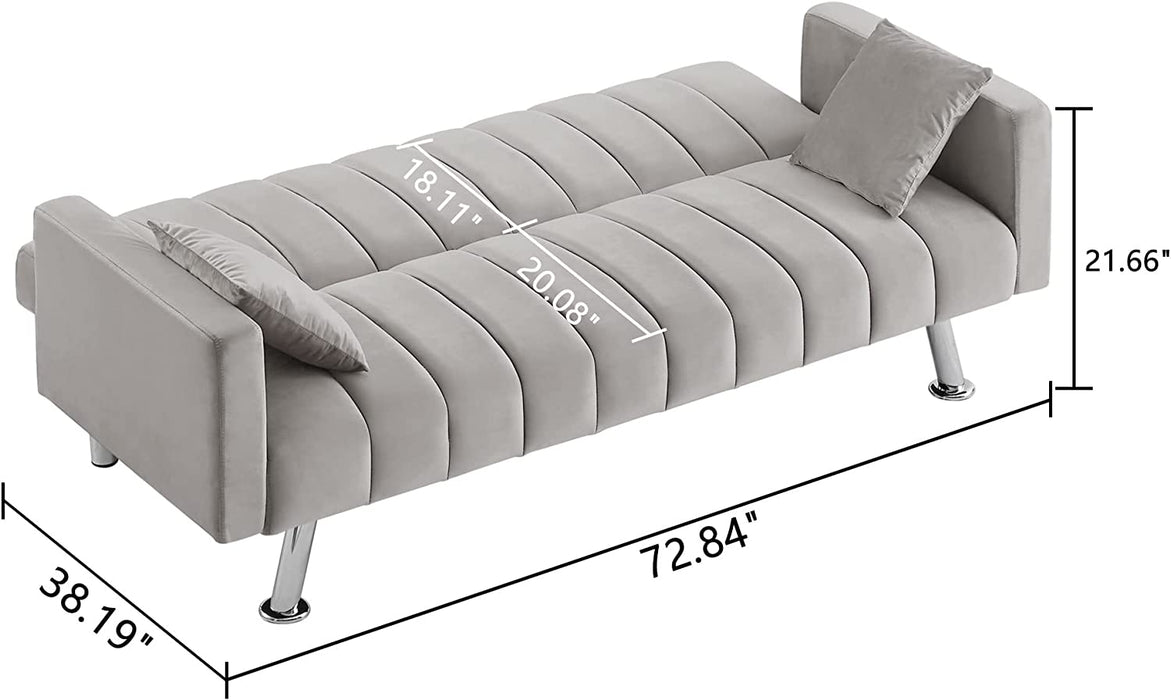 Modern Gray Velvet Sofa Bed with Pillows