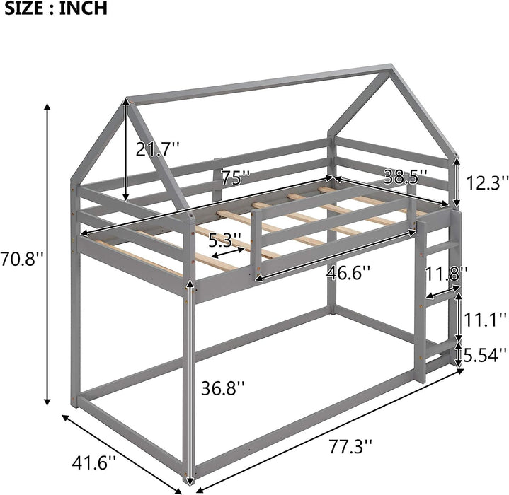 House Shaped Bunk Bed Twin over Twin, Low, Grey