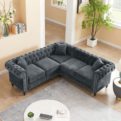 Modern Gray Velvet Chesterfield L-Shape Sofa