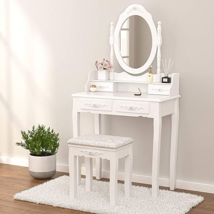 Wood Makeup Vanity Set with Mirror  Stool