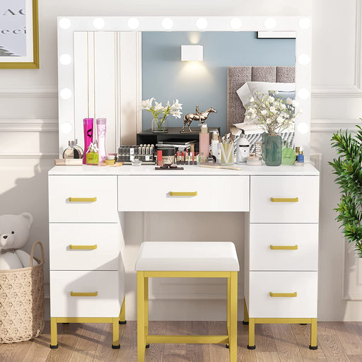White and Gold Vanity Desk with Lighted Mirror