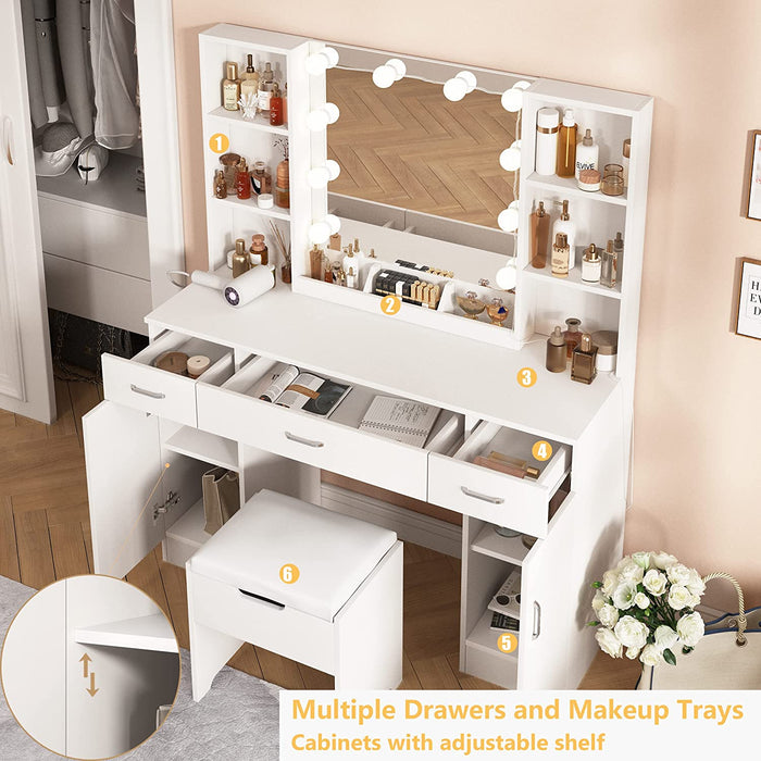 Makeup Vanity Desk with Lights, 3 Drawers, Shelves (White)