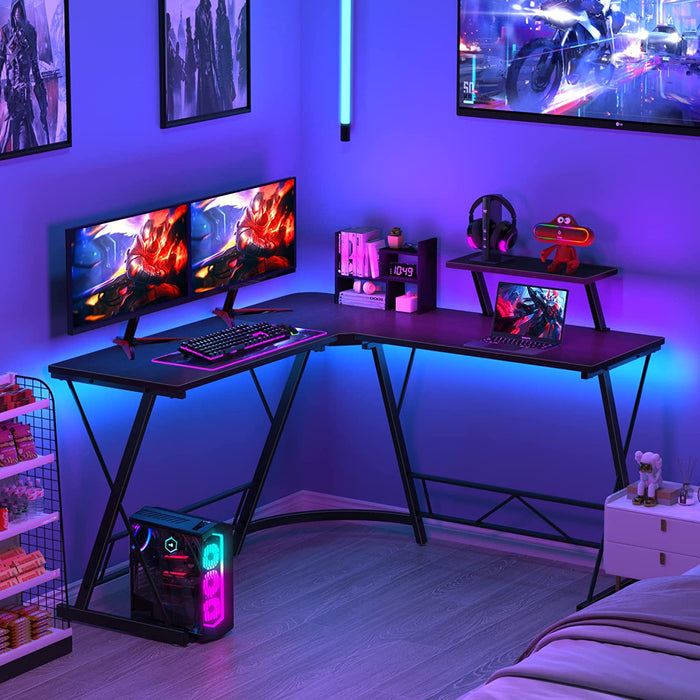 Black L-Shaped Gaming Desk with Monitor Stand