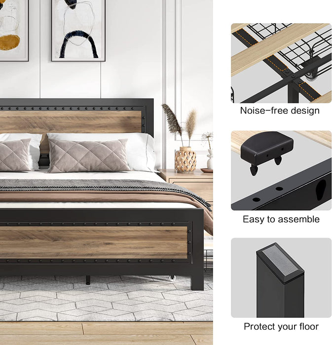 Queen Size Bed Frame with 4 Storage Drawers, Rivet Modern Headboard/Footboard