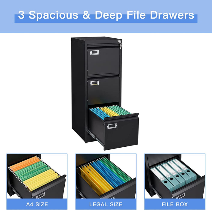 Black 3-Drawer Locking File Cabinet for Home Office