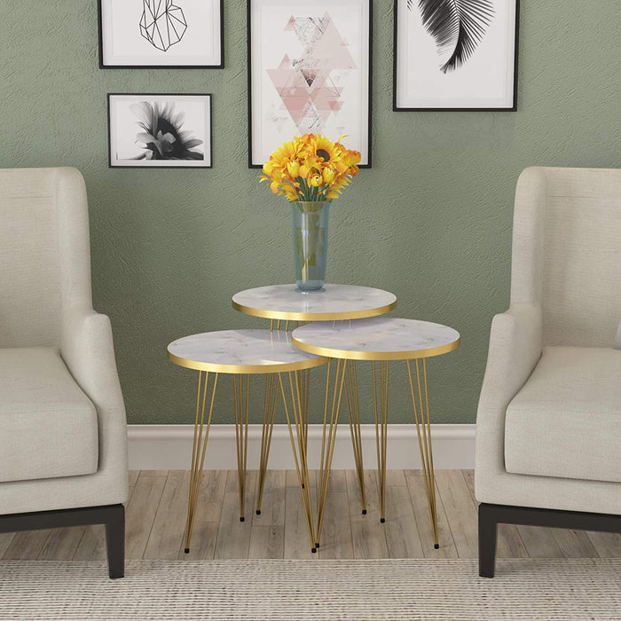 Set of 3 Marble Gold Legs End Table