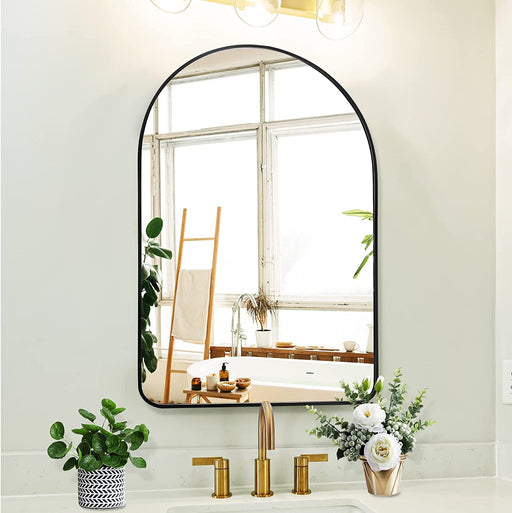 Large Black Arched Metal Frame Bathroom Mirror