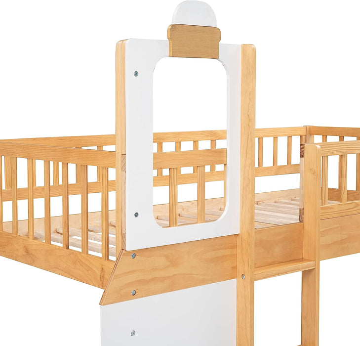 Train Shape Low Bunk Bed Twin over Twin, Wooden, Nature