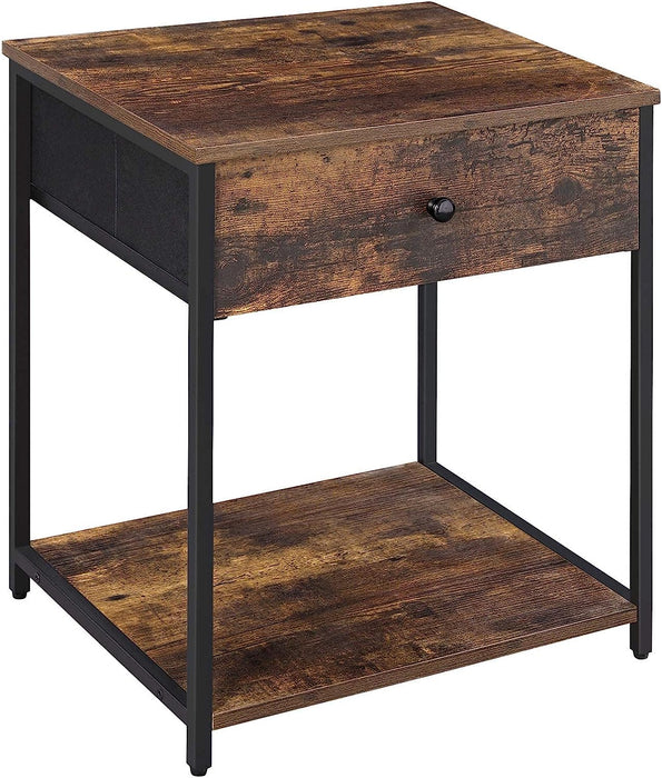 Rustic Brown and Black Nightstand with Drawer and Shelves