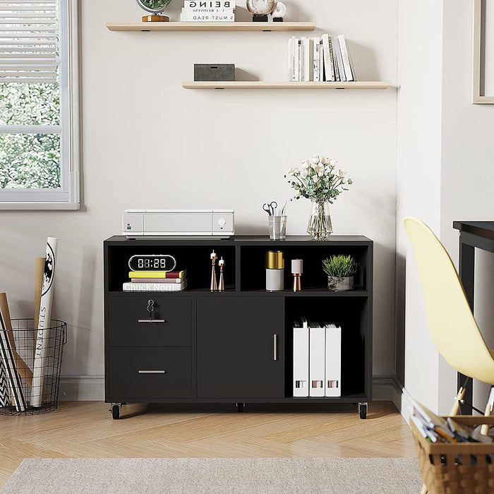 Mobile 2-Drawer White Cabinet with Open Shelves