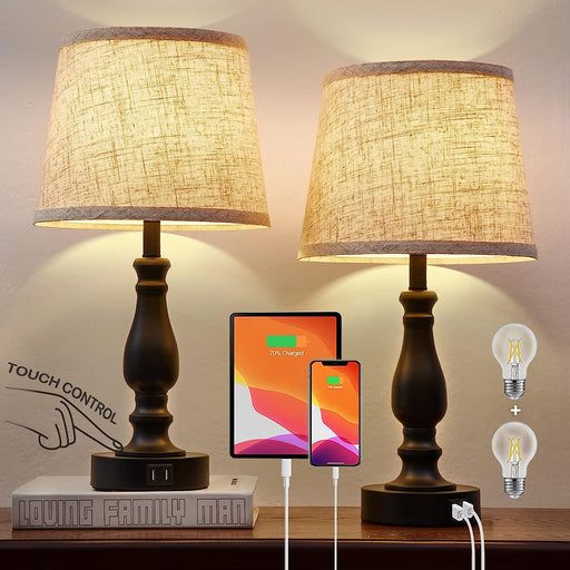 Table Lamps for Bedroom Set of 2 with USB Charging Ports