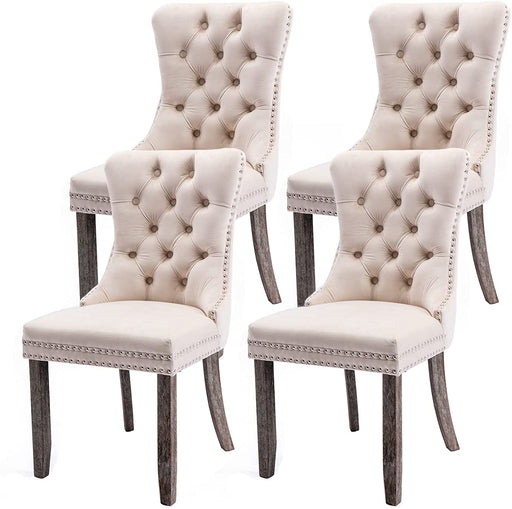 Tufted Solid Wood Dining Chairs, Set of 4, Beige