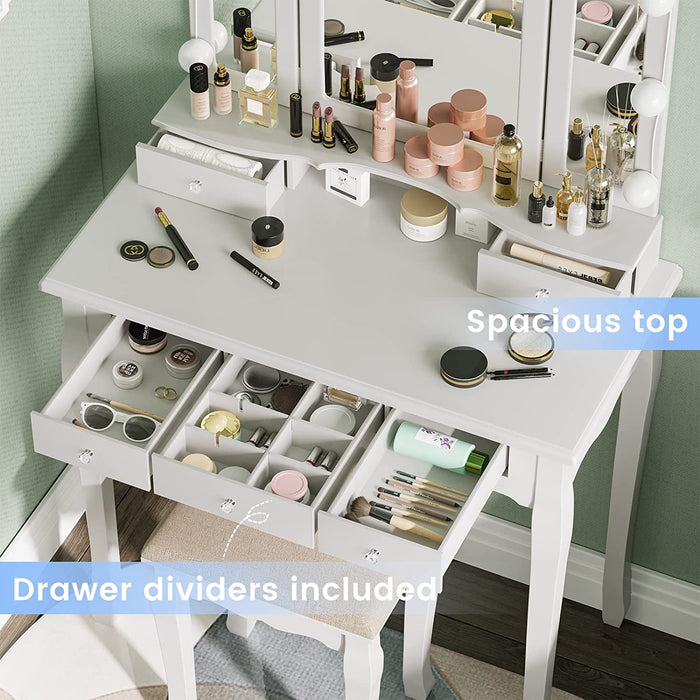 White Vanity Desk with Lighted Mirror and Stool