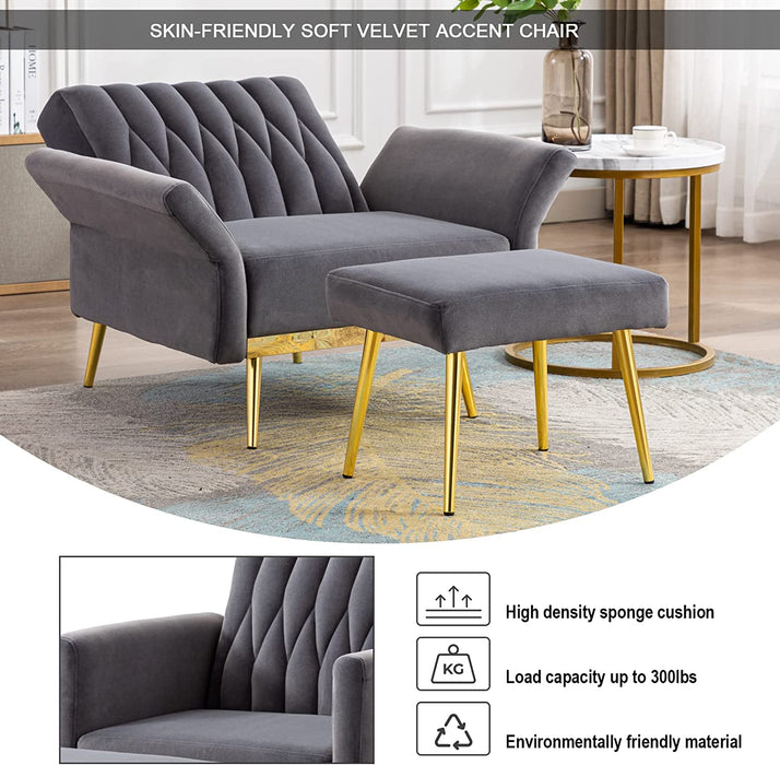 Grey Velvet Accent Chair with Ottoman and Armrests