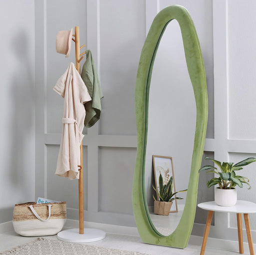 Irregular Full Length Mirror, 63" X 24" Irregular Wall Mirror, Footprint Floor Mirror with Flannel Wrapped Wooden Frame, Full Body Mirror Hanging or Leaning against Wall, Green