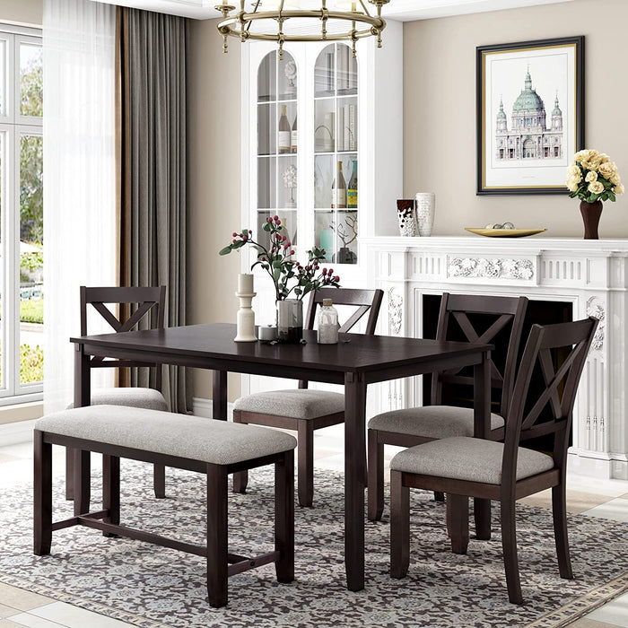 Farmhouse Style Wooden Dining Set for 6 with Bench