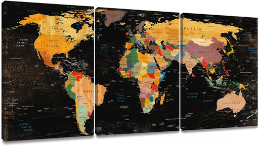 3-Piece World Map Canvas Art for Home Decor