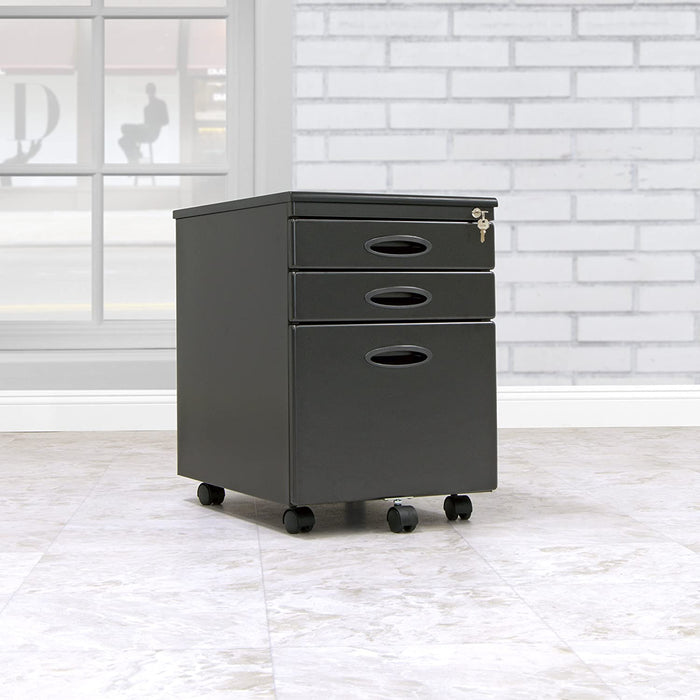 Black 3-Drawer Mobile File Cabinet with Lock