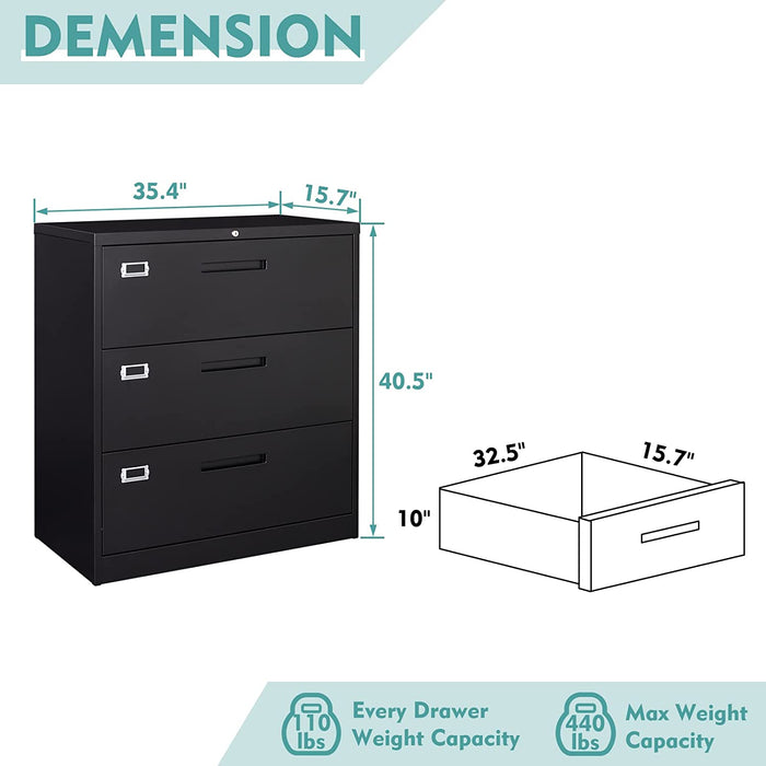 Lockable 3-Drawer Metal File Cabinet with Deep Drawers