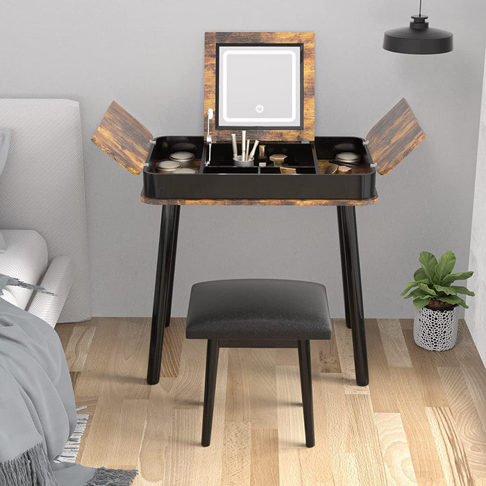 Brown Retro Wooden Vanity Desk Set with Lights