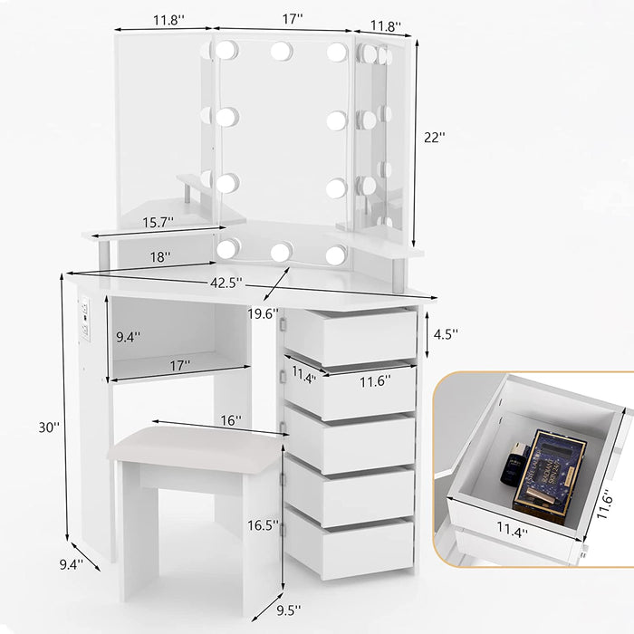 Corner Vanity Desk with Lights and Drawers